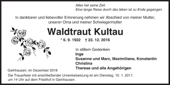 Traueranzeige von Waldtraut Kultau von  Gelnhäuser Tageblatt