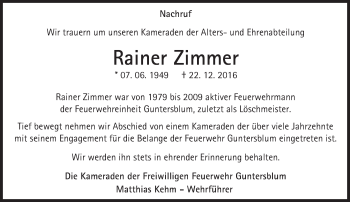 Traueranzeige von Rainer Zimmer von Trauerportal Rhein Main Presse
