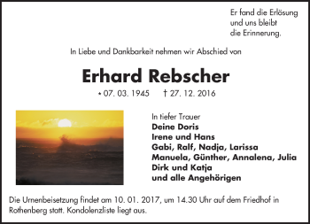 Traueranzeige von Erhard Rebscher von Trauerportal Echo Online
