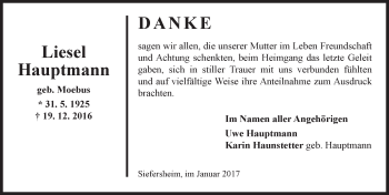 Traueranzeige von Liesel Hauptmann von Trauerportal Rhein Main Presse