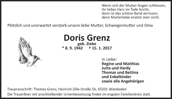 Traueranzeige von Doris Grenz von Trauerportal Rhein Main Presse