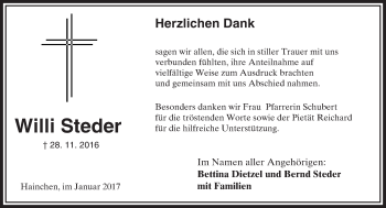 Traueranzeige von Willi Steder von  Kreisanzeiger