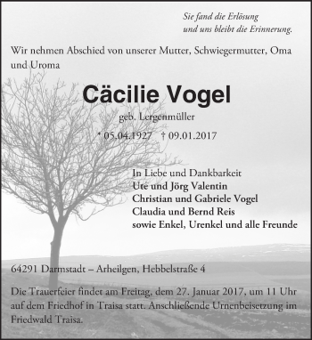 Traueranzeige von Cäcilie Vogel von Trauerportal Echo Online