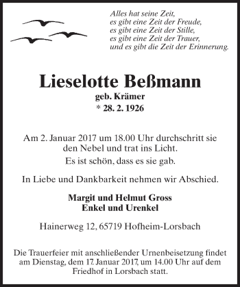 Traueranzeige von Lieselotte Beßmann von Trauerportal Rhein Main Presse