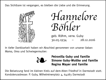 Traueranzeige von Hannelore Böhler von Trauerportal Echo Online
