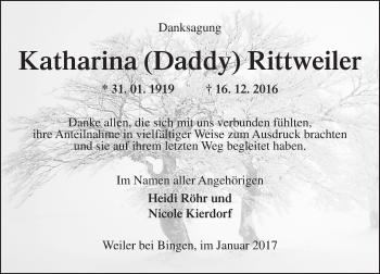 Traueranzeige von Katharina (Daddy) Rittweiler von Trauerportal Rhein Main Presse
