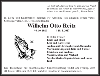 Traueranzeige von Wilhelm Otto Reitz von  Kreisanzeiger