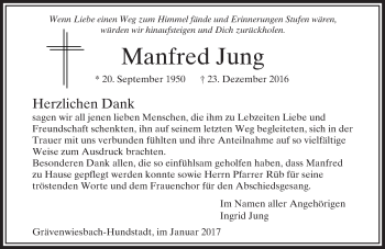 Traueranzeige von Manfred Jung von  Usinger Anzeiger