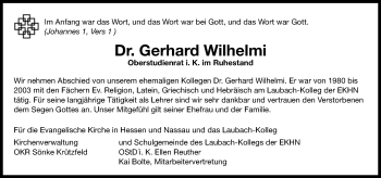 Traueranzeige von Gerhard Wilhelmi von  Gießener Anzeiger