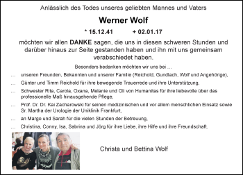 Traueranzeige von Werner Wolf von Trauerportal Rhein Main Presse
