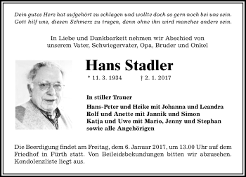 Traueranzeige von Hans Stadler von Trauerportal Echo Online