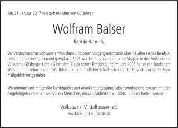 Traueranzeige von Wolfram Balser von  Gießener Anzeiger