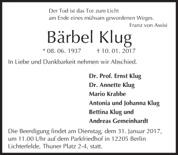 Traueranzeige von Bärbel Klug von Trauerportal Rhein Main Presse
