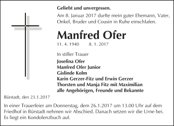 Traueranzeige von Manfred Ofer von Trauerportal Echo Online