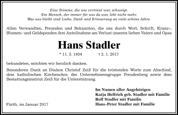 Traueranzeige von Hans Stadler von Trauerportal Echo Online