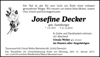 Traueranzeige von Josefine Decker von Trauerportal Rhein Main Presse