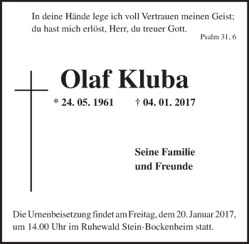 Traueranzeige von Olaf Kluba von Trauerportal Rhein Main Presse