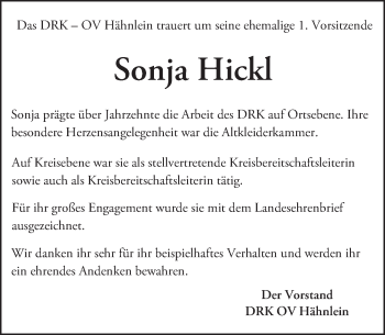 Traueranzeige von Sonja Hickl von Trauerportal Echo Online