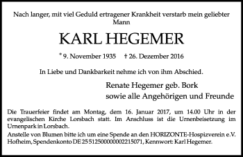Traueranzeige von Karl Hegemer von Trauerportal Rhein Main Presse