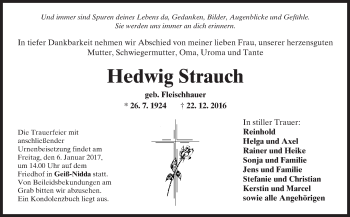 Traueranzeige von Hedwig Strauch von  Kreisanzeiger
