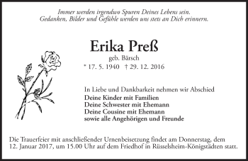 Traueranzeige von Erika Preß von Trauerportal Rhein Main Presse