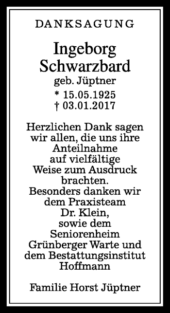 Traueranzeige von Ingeborg Schwarzbard von  Gießener Anzeiger
