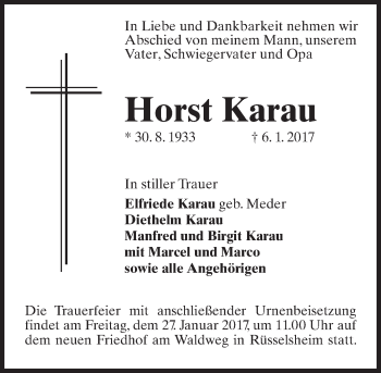 Traueranzeige von Horst Karau von Trauerportal Rhein Main Presse
