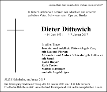 Traueranzeige von Dieter Dittewich von Trauerportal Rhein Main Presse