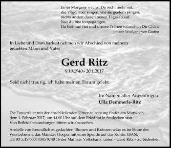 Traueranzeige von Gerd Ritz von Trauerportal Rhein Main Presse