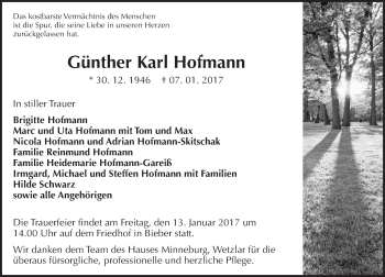 Traueranzeige von Günther Karl Hofmann von  Gießener Anzeiger
