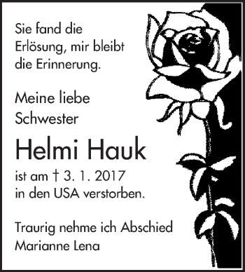 Traueranzeige von Helmi Hauk von Trauerportal Rhein Main Presse