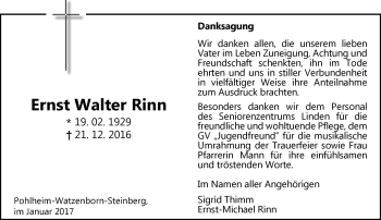 Traueranzeige von Ernst Walter Rinn von  Gießener Anzeiger