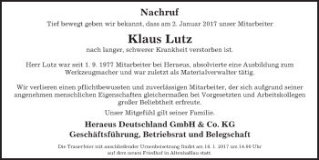 Traueranzeige von Klaus Lutz von  Gelnhäuser Tageblatt