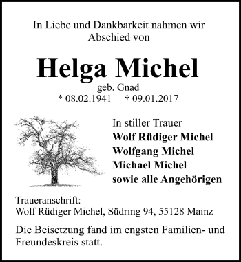 Traueranzeige von Helga Michel von Trauerportal Rhein Main Presse
