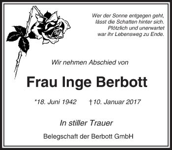 Traueranzeige von Inge Berbott von  Usinger Anzeiger
