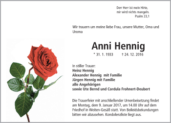 Traueranzeige von Anni Hennig von Trauerportal Echo Online