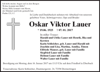 Traueranzeige von Oskar Viktor Lauer von Trauerportal Rhein Main Presse