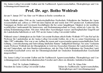 Traueranzeige von Botho Wohlrab von  Gießener Anzeiger