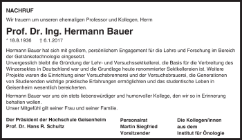 Traueranzeige von Hermann Bauer von Trauerportal Rhein Main Presse
