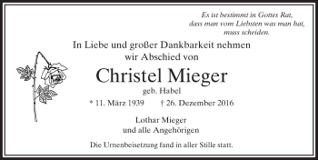 Traueranzeige von Christel Mieger von  Usinger Anzeiger