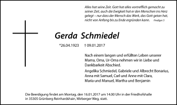 Traueranzeige von Gerda Schmiedel von  Gießener Anzeiger