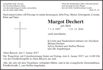 Traueranzeige von Margot Dechert von  Gießener Anzeiger