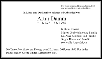 Traueranzeige von Artur Damm von  Gießener Anzeiger