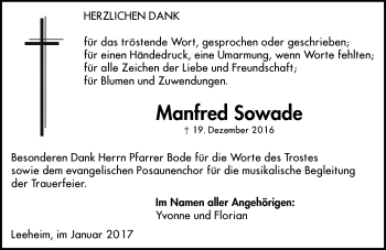 Traueranzeige von Manfred Sowade von Trauerportal Echo Online
