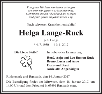 Traueranzeige von Helga Lange-Ruck von  Kreisanzeiger