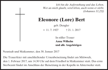 Traueranzeige von Eleonore Bert von Trauerportal Echo Online