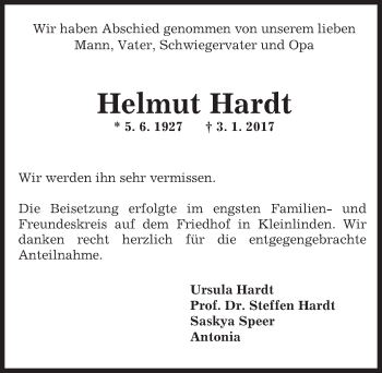 Traueranzeige von Helmut Hardt von  Gießener Anzeiger