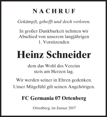 Traueranzeige von Heinz Schneider von  Kreisanzeiger