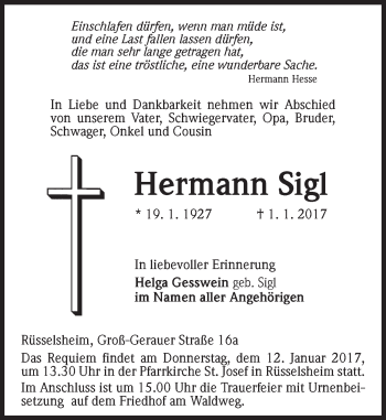 Traueranzeige von Hermann Sigl von Trauerportal Rhein Main Presse
