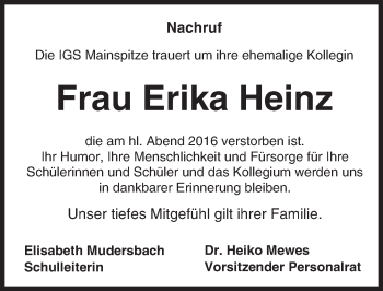 Traueranzeige von Erika Heinz von Trauerportal Rhein Main Presse